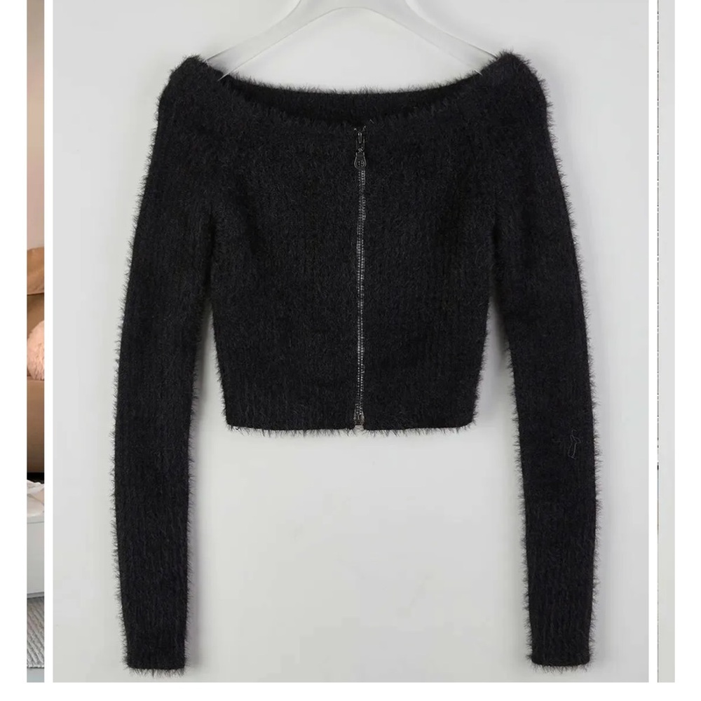 Spicy Fuzzy front Zipper Knit Off Shoulder Top, Black, XS-S
